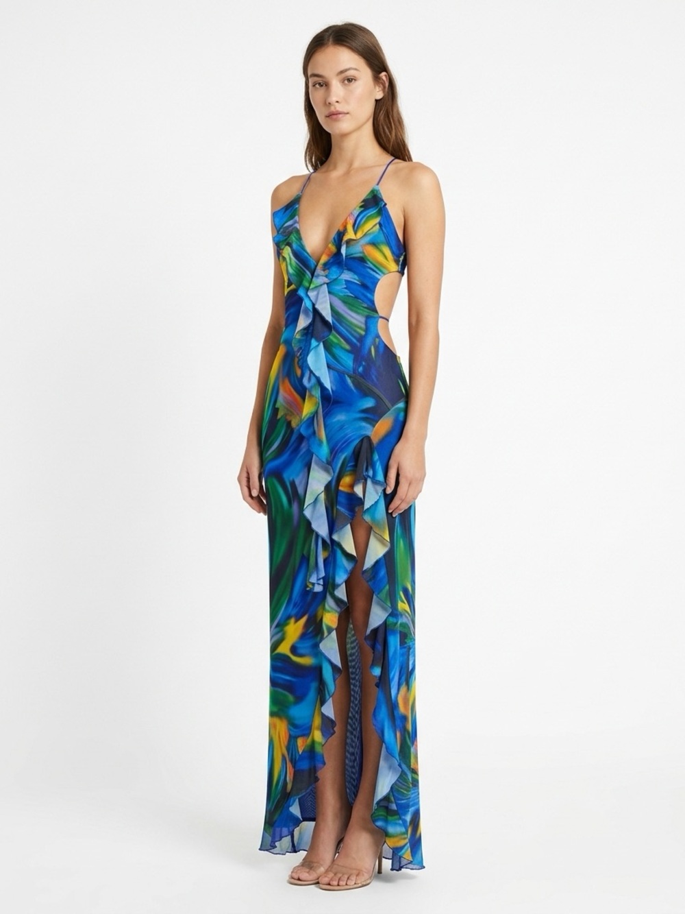 OUTCAST Ashlen Midnight Sea Print Ruffle Cutout Maxi Dress Blue S